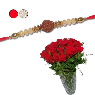 "Designer Fancy Rudraksha Rakhi - FR- 8510 A-, 25 red roses in Vase - Click here to View more details about this Product